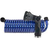 Plastair SpringHose Boat Washdown Hose with Nozzle, 3/8-in x 15-ft, Blue | Coiled Salt Water Resistant, Drinking Water Safe, Marine Hose Premium Polyurethane, 7-Pattern Spray Nozzle, Made in Canada