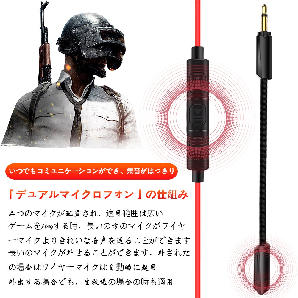 PS4 ゲーミングヘッドセットAROCゲームゲーミングイヤホン3.5mmコネクタ付きマイク360度調整可能 iPhone高音質イヤホン 分離型マイク リモコン付き 重低音 ゲーム用 ダブルマイク設計 音量調節 音漏れ防止 軽量 PS4 /PS3/ 荒野行動/N-Switch/PCゲームSkype等対応