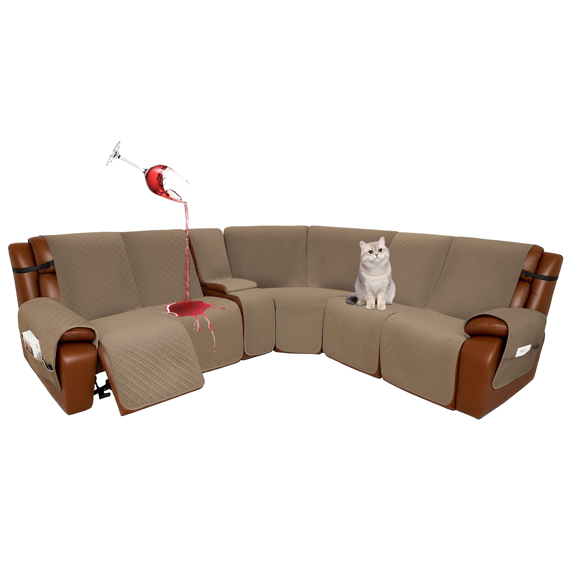 Photo 1 of YUEVELLA Velvet 1OO% Waterproof Reclining Sectional Couch Covers for Sectional Sofa L Shape 8-Piece Quilted Corner Recliner Sofa Cover Slipcovers Set Washable (5 Seater with 1 Console, Brown)