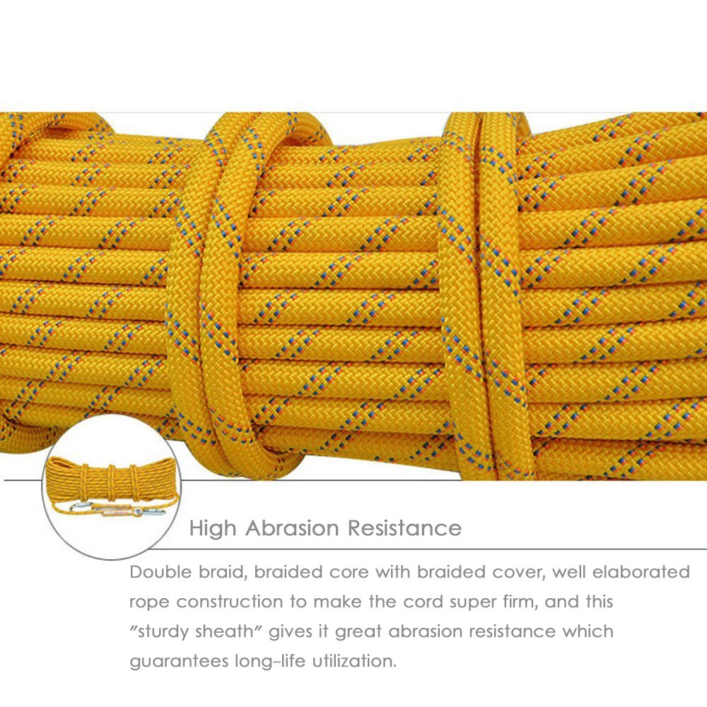 Climbing Rope 10M(32ft),Likorlove Outdoor Rock Climbing Safety Rope with 2 Carabiners for Escape, Fire Survival, Backup, Climbing, Hiking, Camping