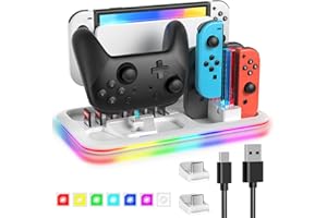 RGB Switch Controller Charger Dock Station for Nintendo Switch & OLED Model Joycon, Charging Docking Station Stand for 4 Joy 