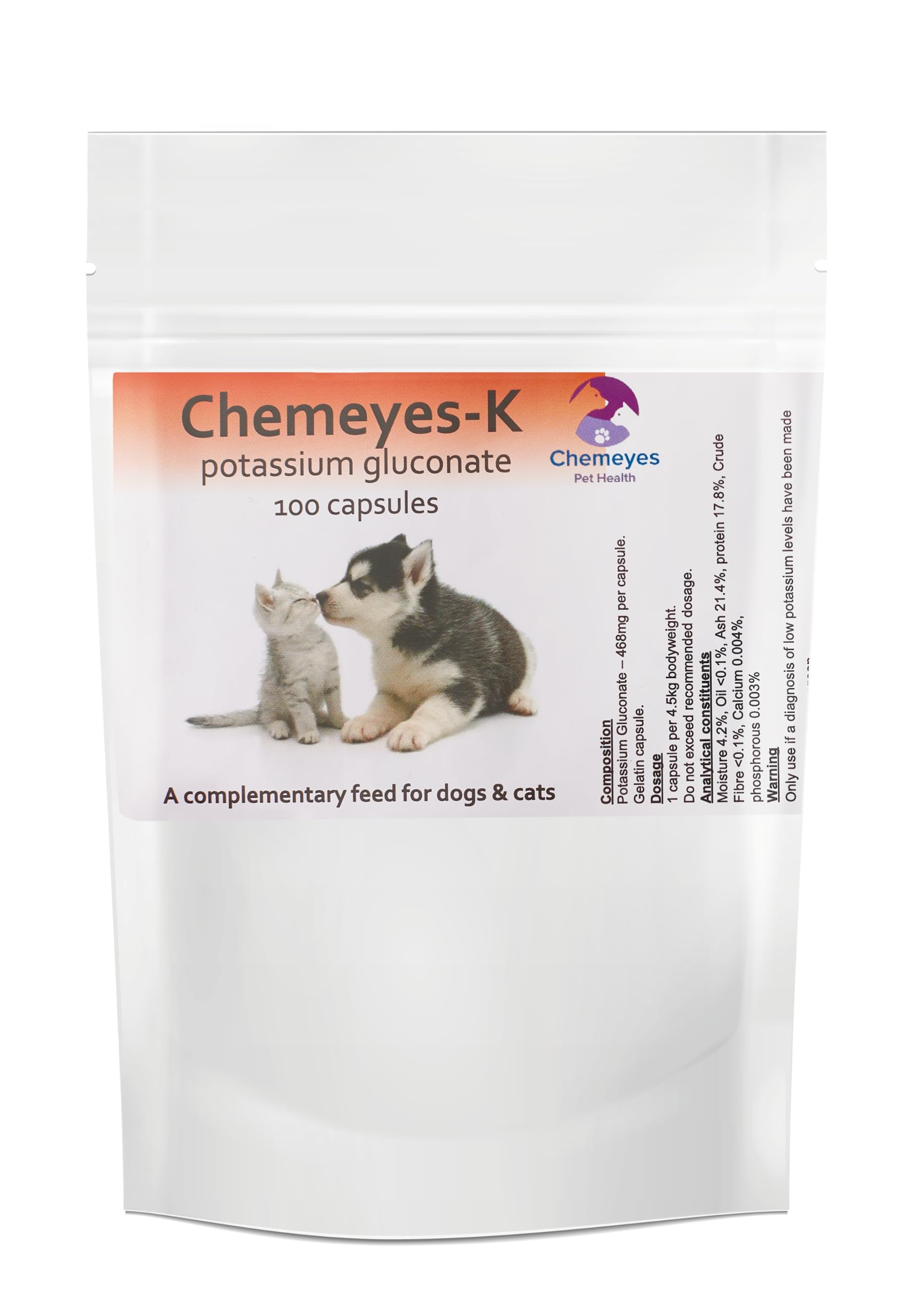 Chemeyes - K Potassium Gluconate Supplement for Dogs & Cats - Swallow or Sprinkle Capsules (468mg) - Supports Normal Kidney Function & helps to Maintain Healthy Potassium Levels - 100 Capsules