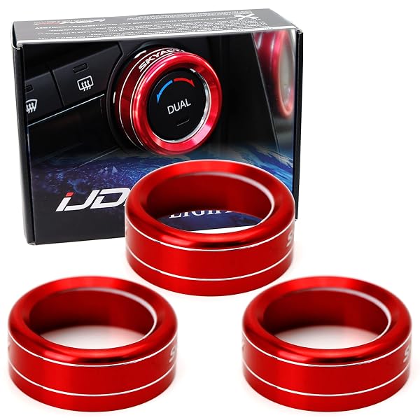 thumbnail interactive-video image 1 of Red Volume Knob Ring Covers For 2015-2023 Ford Mustang – IJDMTOY Anodized Aluminum 1 of 3