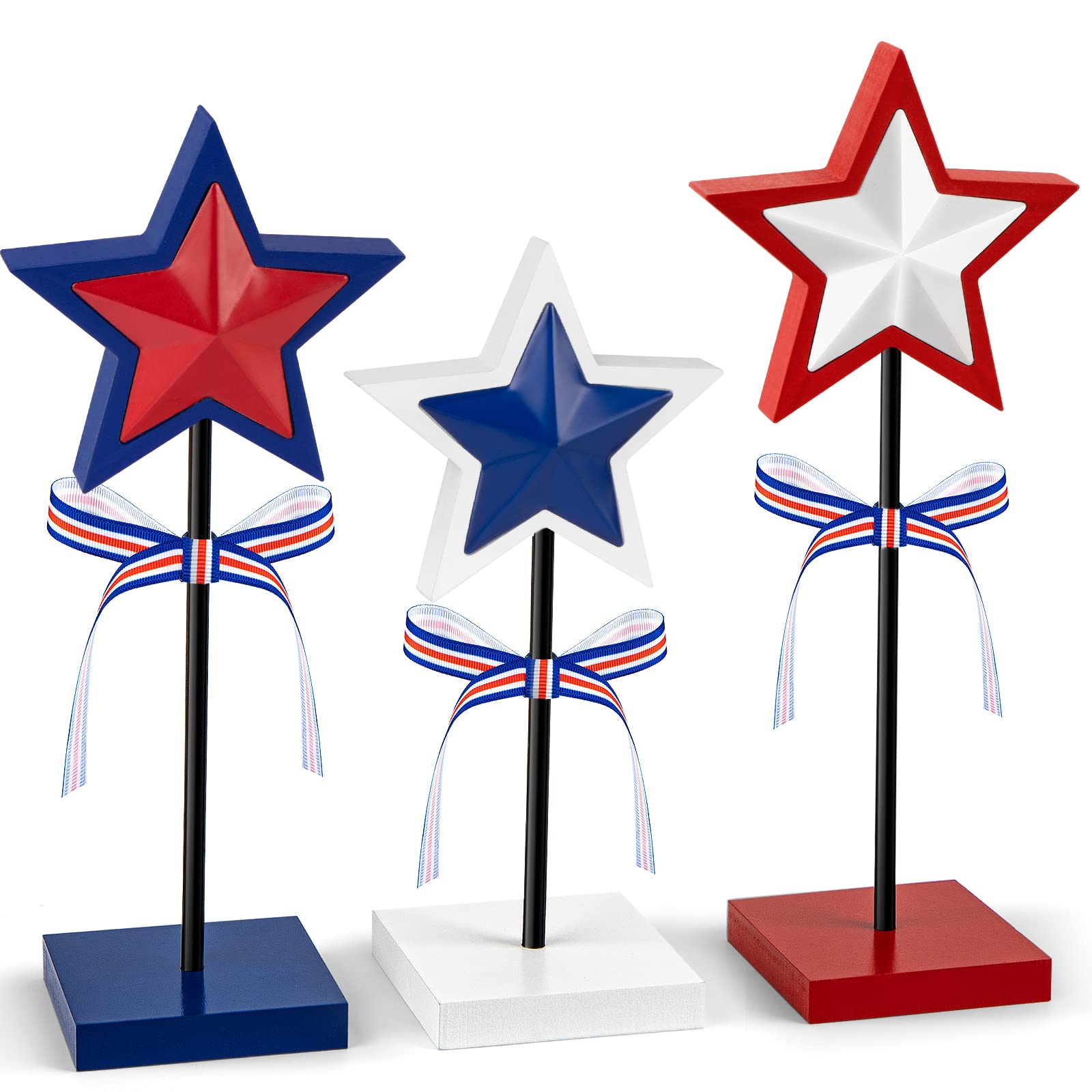 Photo 1 of 3 Pieces 4th of July Tiered Tray Decor Wood Star Set, Memorial Day Table Decorations, Rustic Patriotic Table Decorations, Red White and Blue Decorations for Home Tables(Classic)