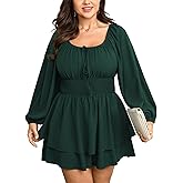 SCOMCHIC Women Plus Size Romper Dress Short Jumpsuit Square Neck Long Sleeve Fall High Waist Ruffle Mini Boho Jumpsuits