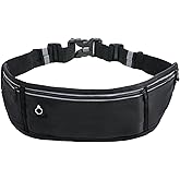 LXUEJIE Slim Running Belt Fanny Pack for Men Women, Water Resistant 3 Pocket Phone Holder for Running Walking Cycling, Adjustable Reflective Waist Bag for Phone Key Money, Black