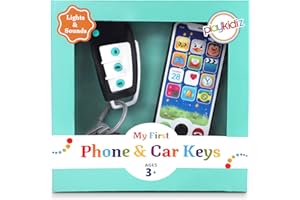 Playkidiz Toy Phone w/ Car Keys, Real Looking Pretend Play Toddler Cell Phone Toys and Remote Car Key for Boys, Lights, Sound Effects, Apps & Buttons - Batteries Included - 3+ (Phone & Keys)