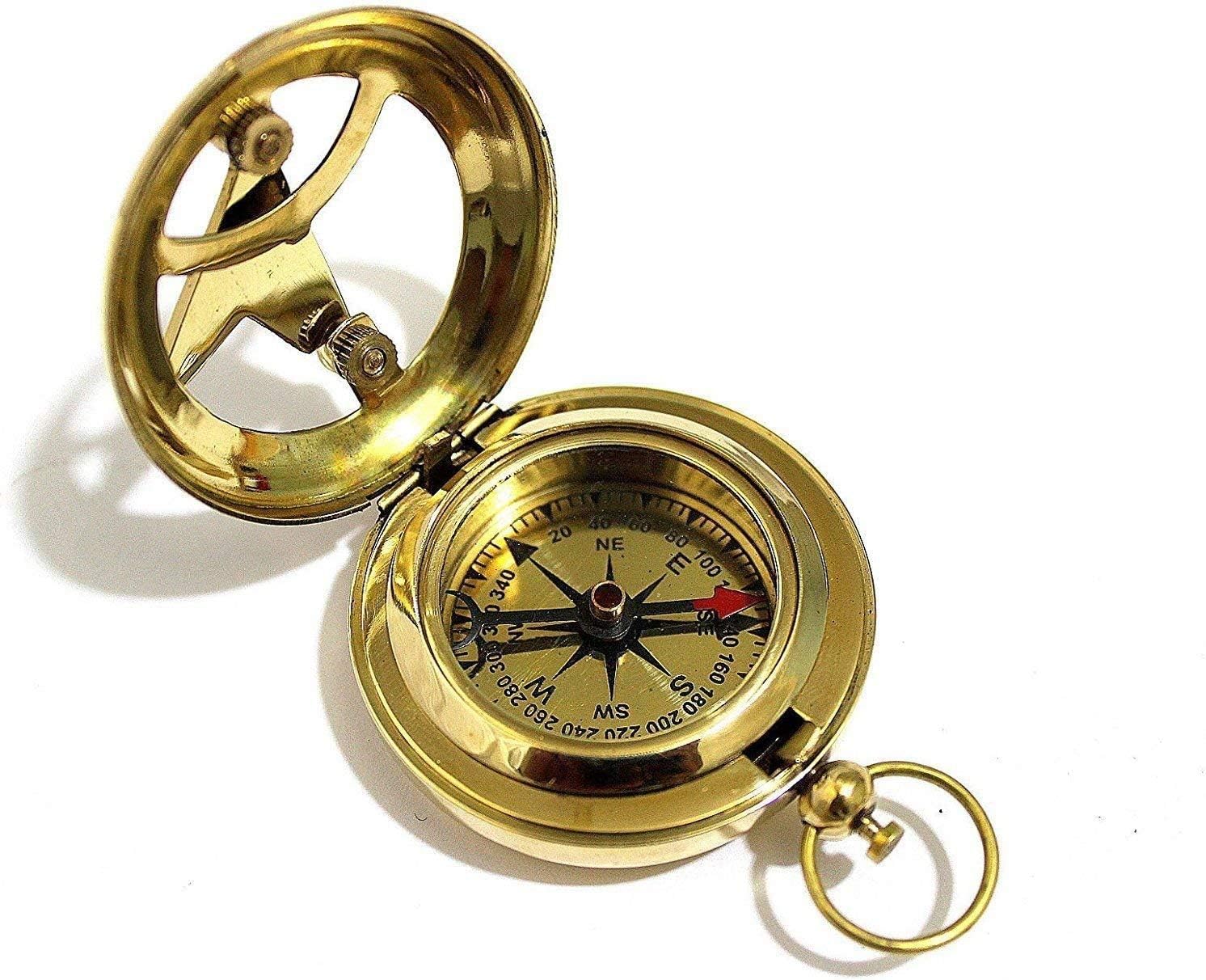 Nautical Replica Hub Brass Push Button Direction Sundial Compass - Pocket Sundial Compass Handheld Navigation Compass, Full Brass, 5cm X 1.5cm