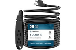 25-Feet 3 Outlet Extension Cord, Kasonic UL Listed, 16/3 SJTW 3-Wire Grounded, 13 Amp 125 V 1625 Watts, Multi-Outlet Indoor/O