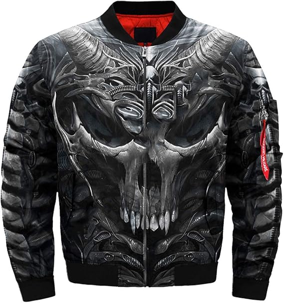 Mens 3D Trippy Skull Head Print Bomber Jackets Casual Harajuku Thick