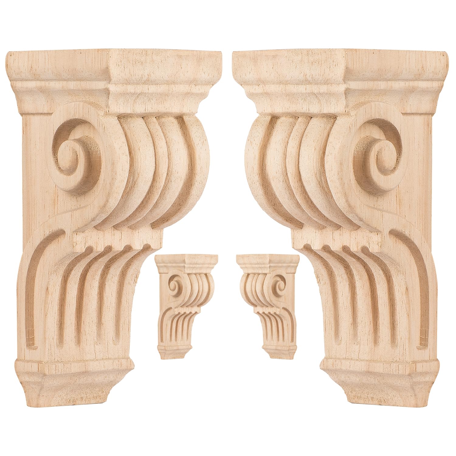 3 inch-W 3 inch-D 7 inch-H Wood Carved Corbels, Tchosuz 4 -Pack Antique Traditional Unfinished Wooden Carving DIY Decorative Scrolled Millwork Brackets for Countertop Kitchen Fireplace Mantel