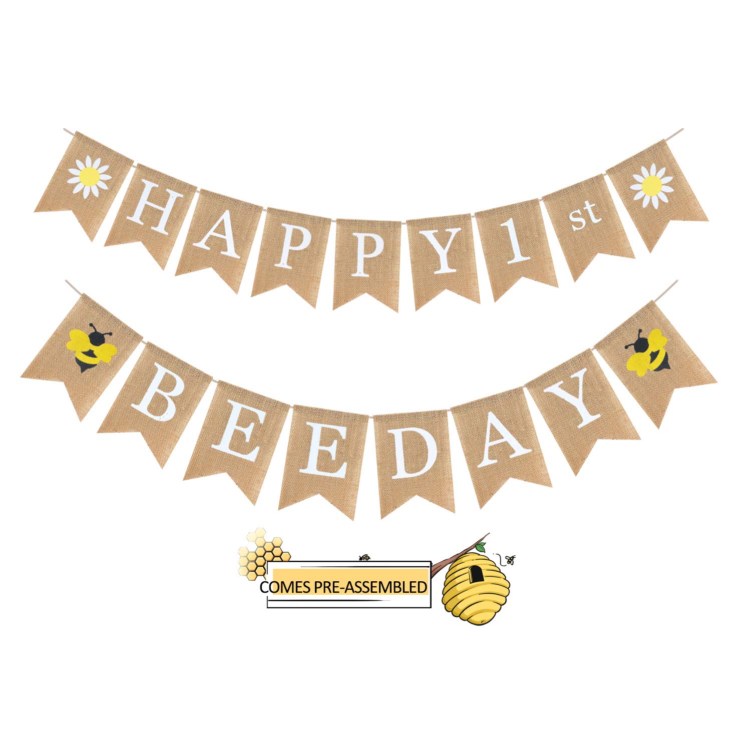 Happy 1st Bee Day Jute Burlap Birthday Banner - Baby Shower First Birthday Party - Happy Bee Day Daisy Bumble Honey Bee Party Decorations - Spring Holidays Party Supplies …