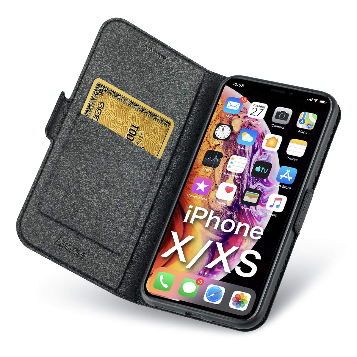 Aunote iPhone Xs Case, iPhone X Phone Case, Slim Flip/Folio Cover – Wallet Style: Made of PU Leather and TPU Inner (Lightweight, Feels Good) Full Protection for Apple iPhone 10/X/XS. Black