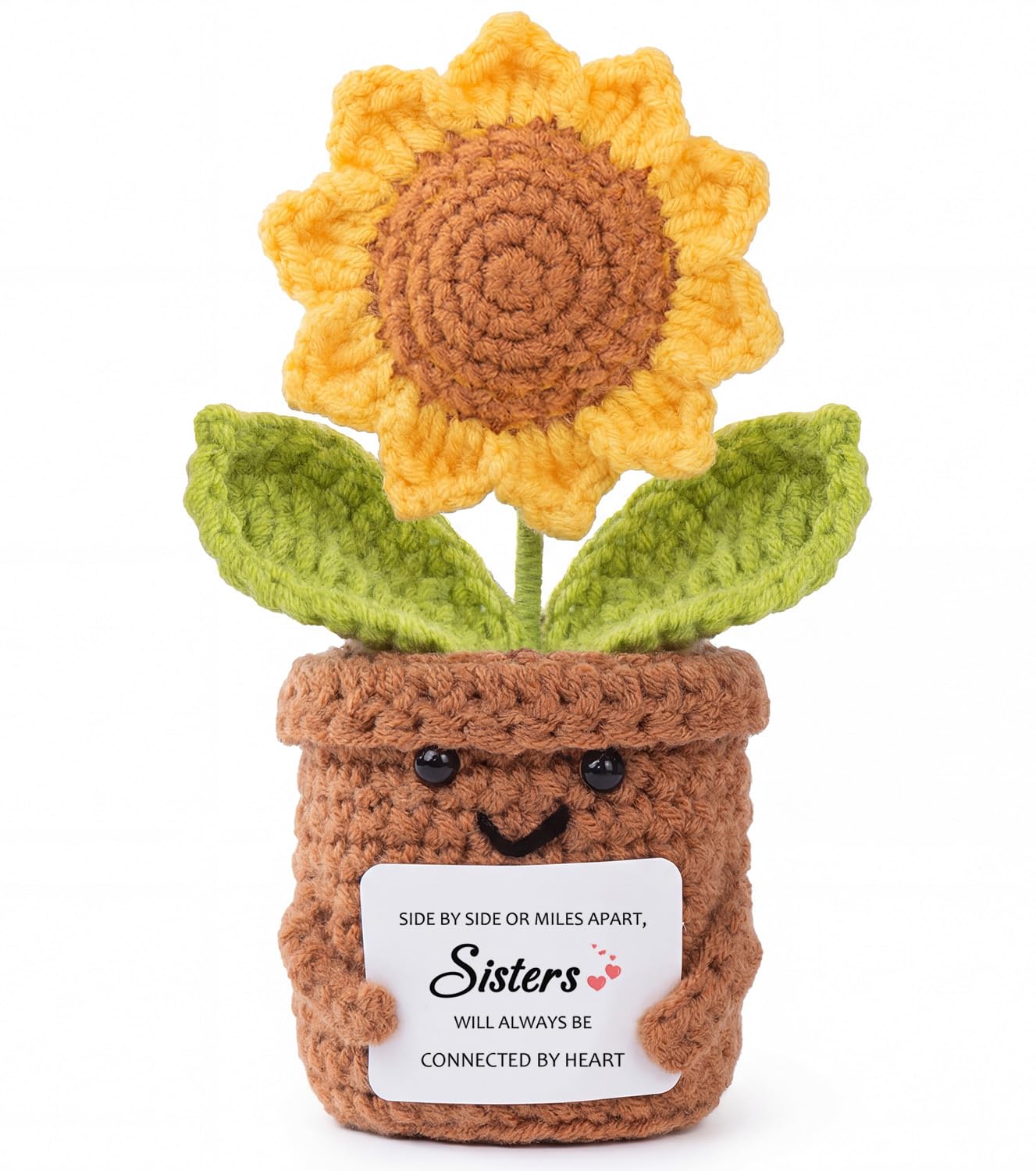 Aruigu Crochet Sunflower Sister Gift – Handmade Flower Pot Plush with “Connected by Heart” Message, Long Distance sister Gift, Cute SisterBirthday Present, Sentimental Keepsake Décor