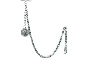 WATCHVSHOP Albert Chain Silver Color Pocket Watch Chains for Men with St. Benedict Medal Fob T Bar AC43