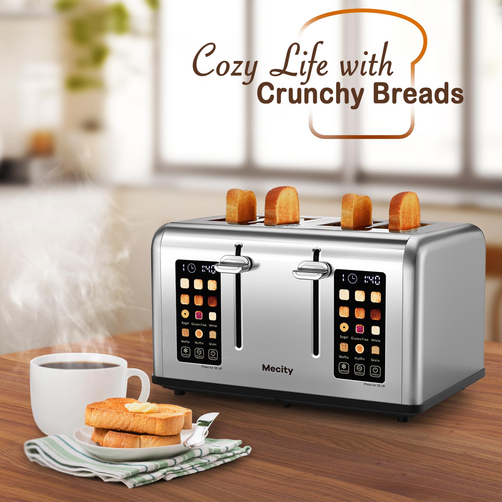 Mecity Tostadora de 4 Rebanadas con Control de Pantalla Táctil, 4 Ranuras Anchas, Tostadora de Pan Inteligente de Acero Inoxidable para Bagels, Muffins, Waffles, Panel de Control Dual, Temporizador, Descongelar, Recalentar, 120V 1650W