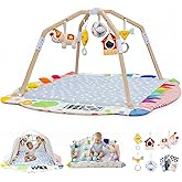 Kizfarm Baby Play Gym Mat, 5 Developmental Zones Wooden Tummy Time Mat, Baby Activity Mat with 5 Detachable Sensory Toys, Stage-Based Development from Newborn Infant, Baby Essentials Shower Gift