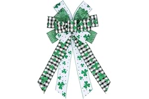 HYING Large St. Patrick's Day Bows for Wreath, Black White Buffalo Plaid Glitter Shamrock Wreath Bow for Front Door Indoor Outdoor Wall Decoration St. Patrick's Supplies Ornament