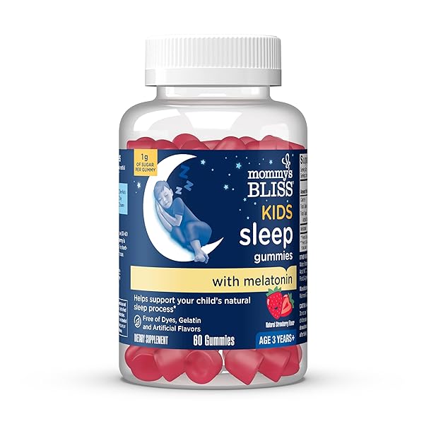 MOMMY’S BLISS KIDS SLEEP MELATONIN GUMMIES, NO ARTIFICIAL COLORS, FLAVORS OR GELATIN, STRAWBERRY FLAVOR CHILDREN’S MELATONIN GUMMIES, AGE 3+, 60 COUNT