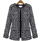 ebossy Women's Elegant Open Front Round Neck Fringed Plaid Tweed Jacket