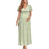 AISWI 2025 Women's Maternity Maxi Dress Long Sleeve Wrap V Neck Pregnancy Dresses with Pockets Baby Shower Photoshoot Formal