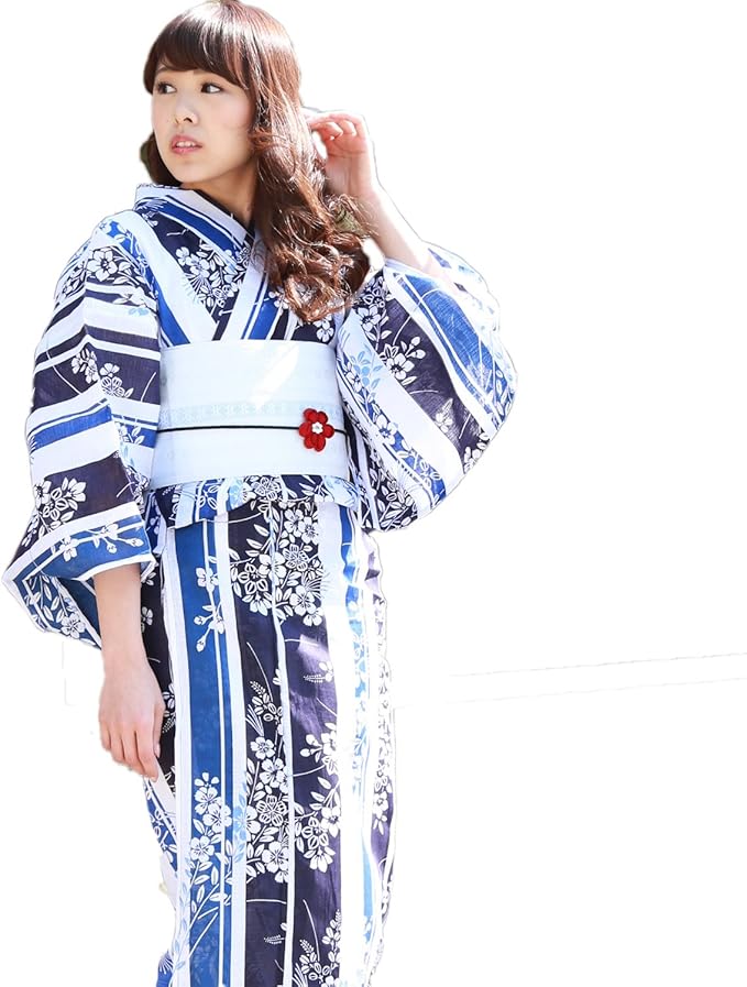Amazon 高級変わり織り浴衣3点セット 白地青と紺のストライプ なでしこ柄柄 綿麻混 ゆかた 帯 下駄セット ネイビー ブルー ホワイト 縦線 撫子 浴衣 レトロ 女性 浴衣 通販
