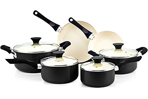 Cook N Home Pots And Pans Set Nonstick, 10 Piece Ceramic Cookware Sets, Kitchen Non Stick Cooking Set With Saucepans, Frying Pans, Dutch Oven Pot With Lids, Black