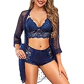 RSLOVE Women Sexy Lingerie Set - 3 Piece Lace Bra and Panty Sets with Mesh Kimono Robe Nightgown Sleepwear