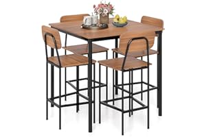 Giantex 5-Piece Dining Table Set W/Counter Height Table & 4 Bar Stools, Industrial Kitchen Dining Table Set W/Footrest & Back
