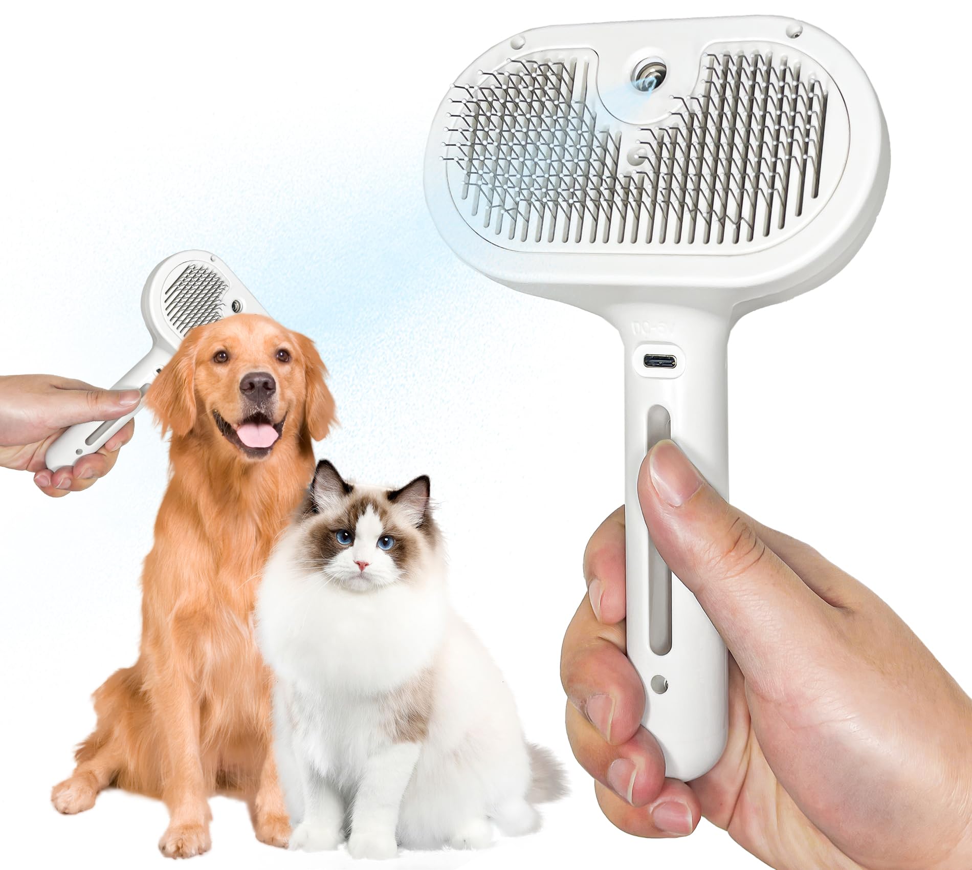 Self-Cleaning Cat Brush for Shedding - Removes Static Flying Hair - Works for Long and Short-Haired Pets - 2 in 1 Pet Steam Brush for Cats and Dogs Grooming (White)