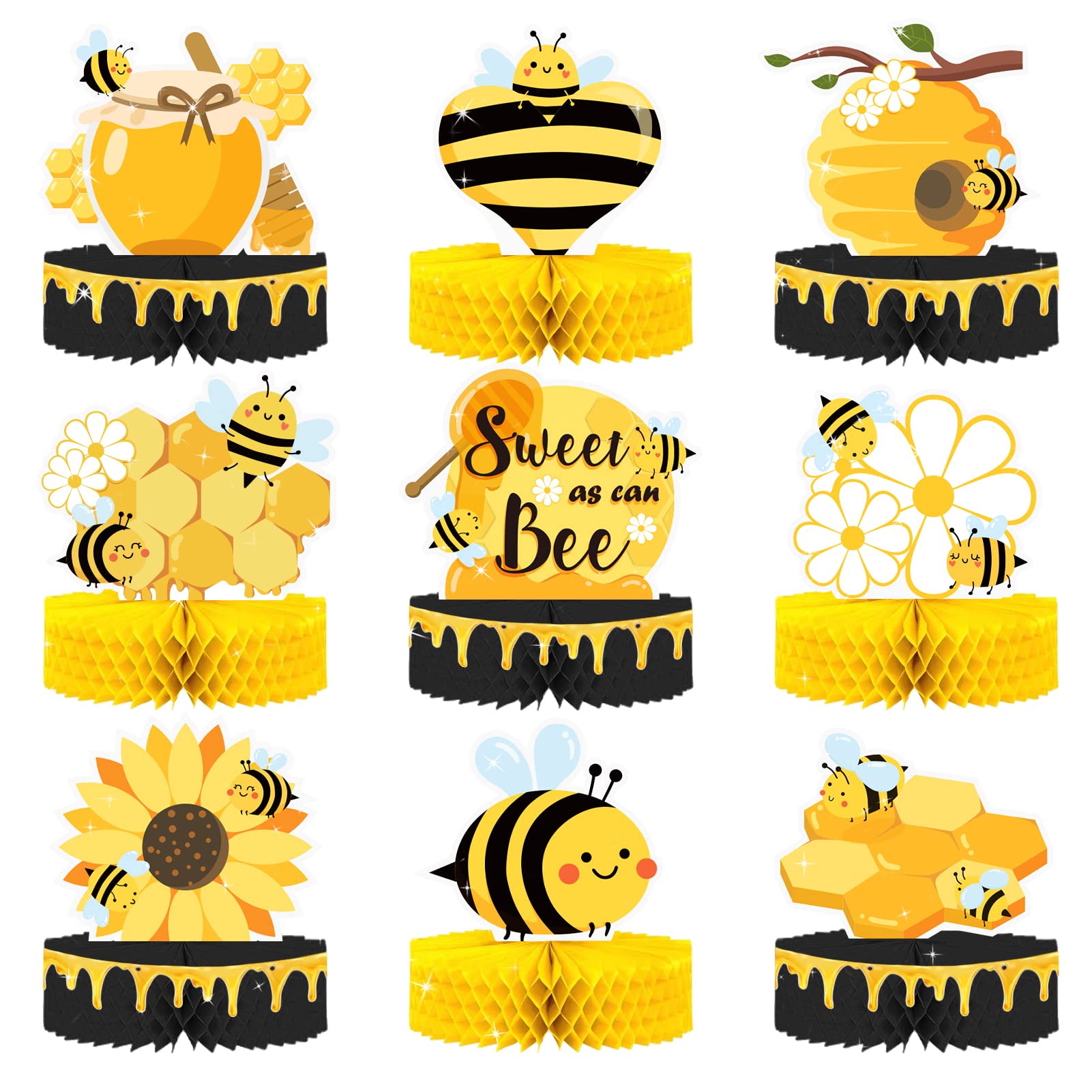 NICROLANDEE Bee Party Decorations - 9 Pieces 3D Bee Birthday Honeycomb Centerpieces Table Decorations for Kids Bee Day Themed Party Mom to Bee Shower Baby Shower First Birthday Party Decor