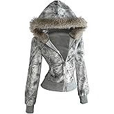 Verdusa Women's Y2K Faux Fur Camo Zip Up Hoodie Streetwear Sweatshirts Lightweight Fall Jackets