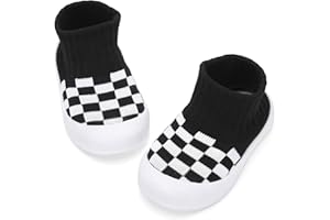BACSAC Baby Boy Girl Socks Shoes Toddler Elastic Breathable Slippers Kid Walking Sneakers with High Top Knitted Checkered Upper Anti Collision Non-Slip Design for Indoor Outdoor
