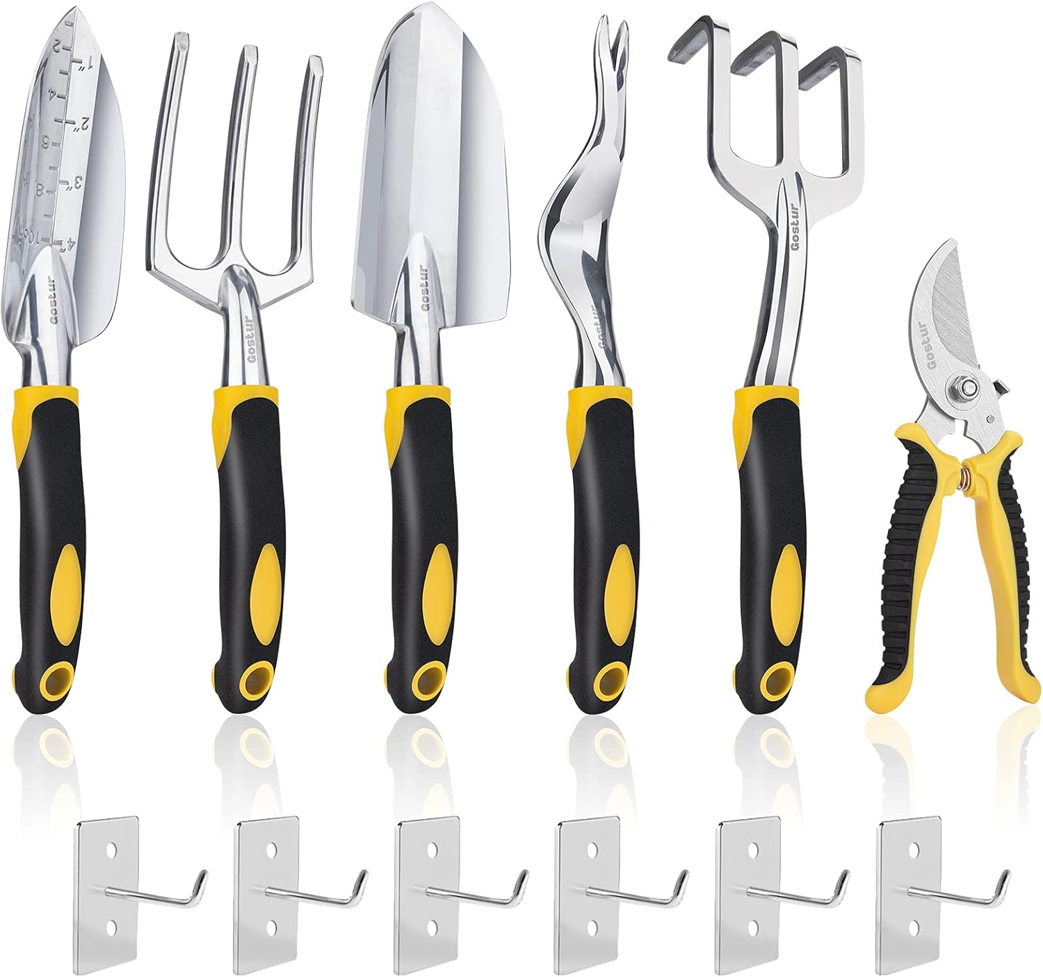 Gostur 6PCS Garden Tool Set, Heavy Duty Gardening Hand Tools Kit - Trowel, Transplanter, Hand Rake, Weeder, Pruner, Cultivator - Ergonomic Non-Slip Handle - Ideal Gifts for Men & Women