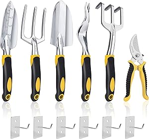 Gostur 6PCS Garden Tool Set, Heavy Duty Gardening Hand Tools Kit - Trowel, Transplanter, Hand Rake, Weeder, Pruner, Cultivator - Ergonomic Non-Slip Handle - Ideal Gifts for Men & Women