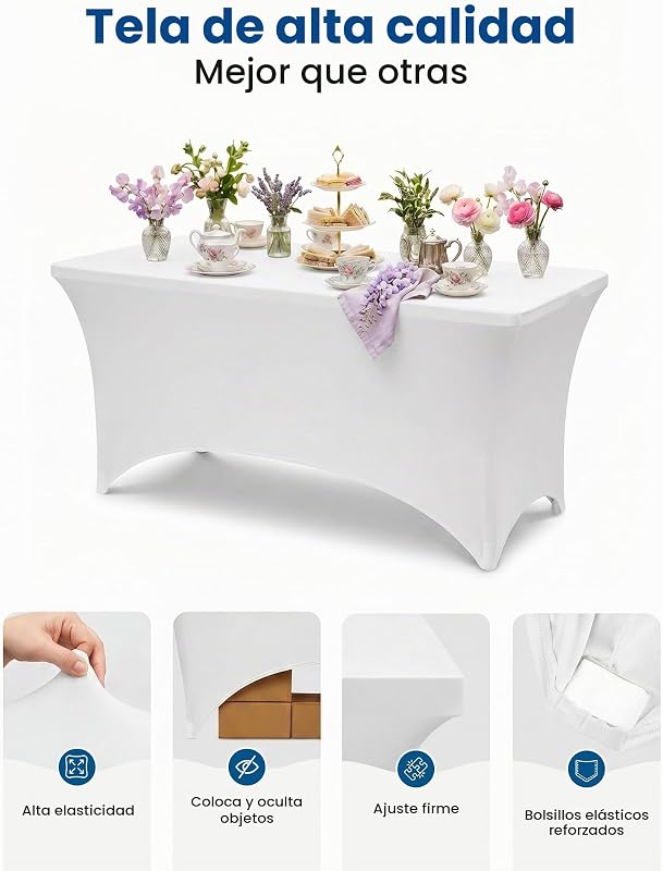 1 Paquete de Manteles Rectangulares de Poliéster (6 pies - 183 cm) Elásticos de Spandex, Cubre Mesas para Bodas, Bares, Artesanías, Exposiciones (Blanco)
