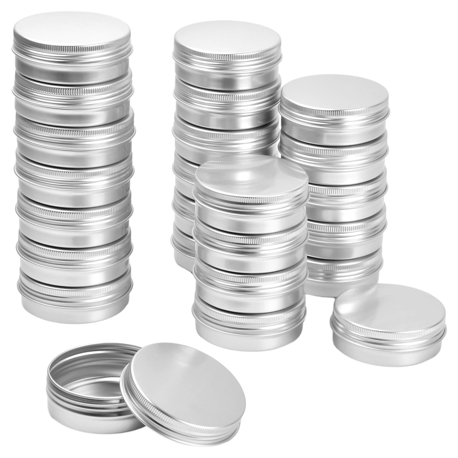 24 Pieces Aluminum Tin Jars, 60ml Empty Cosmetic Container Pots, Silver Round Cosmetic Tin Jars, Aluminum Round Cans with Screw Lids for Cream Lotion Powder Lip Balm Salve Sample Makeup Storage