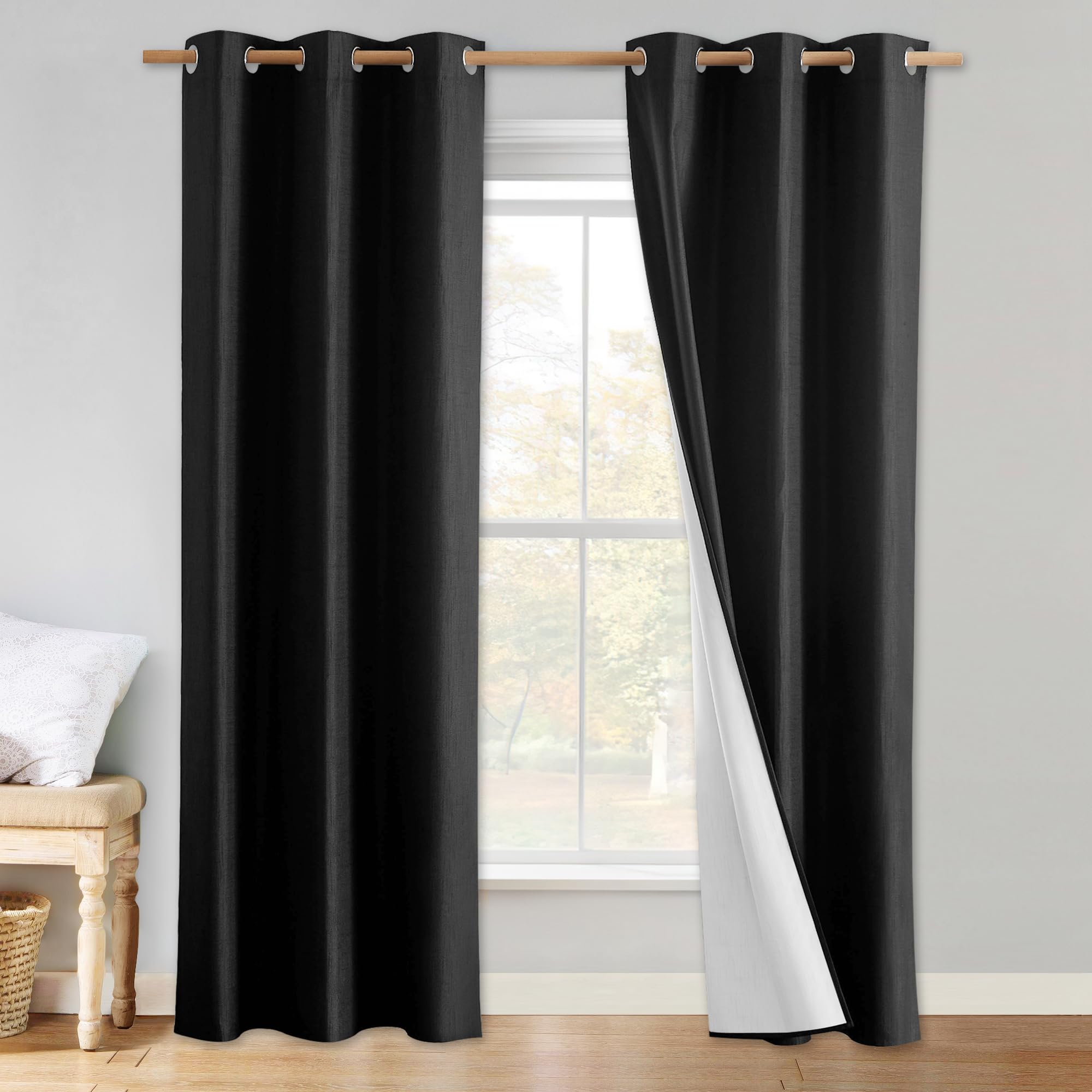 NICETOWN Vintage Open Linen Weave Flax Thermal Curtains, 100% Blackout Curtains 80 inches Long for Dining Room, Soundproof Window Treatment Drapes for Hall Room, Black, 34" Wide Per Panel, Set of 2 Image