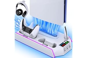 RJAD PS5/PS5-Slim-Cooling-Station-with-Controller-Charging-Station for Playstation 5 Console Disc/Digital, LED Light Cooling Stand with Cooler Fan for PS5 Accessories with 3 USB Hubs/Headset Holder