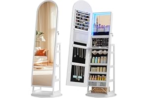 HWB Arched Mirror Jewelry Cabinet with Storage, LED Jewelry Armoire w/Full Length Mirror & 360° Swivel, Standing Jewelry Holder Organizer with Rear Storage Shelves & Hooks, Lockable - White