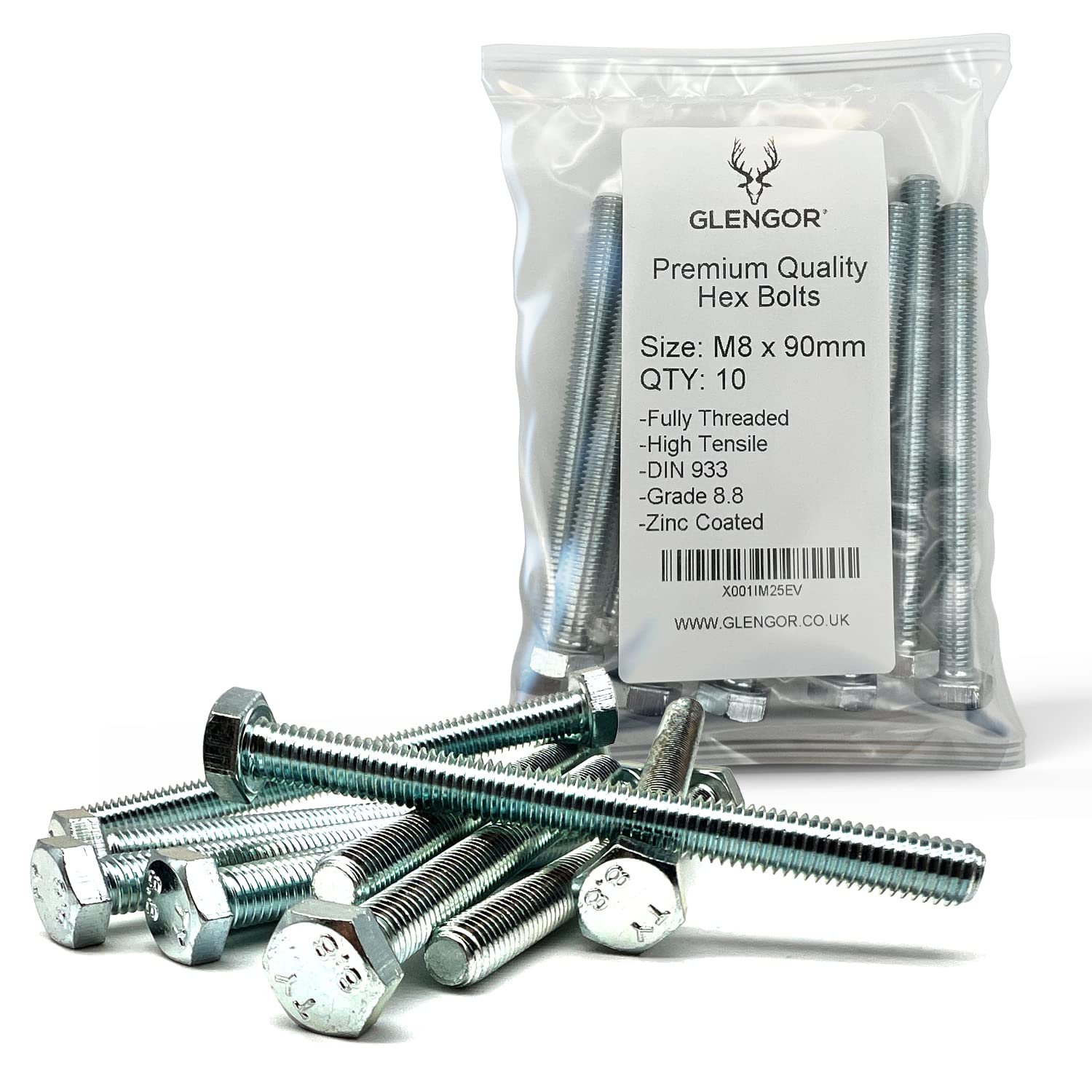 Glengor Premium M8 x 90mm Hex Bolt | Fully Threaded Setscrew Zinc 8.8 | Pack of 10m
