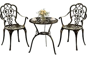 Z1UVDFUR Patio Bistro Set of 2, Cast Aluminum, Outdoor Set w/Umbrella Hole, 3 Piece Table and Chairs Set, Bistro Set for Backyard/Garden/Lawn, Golden Bronze