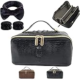 Cuteseason Structured Leather Makeup Bag for Women, Wide Opening Travel Cosmetic Case, Large Capacity Box Style Toiletry Organizer with Brush Compartment (Black Crocodile Grain)