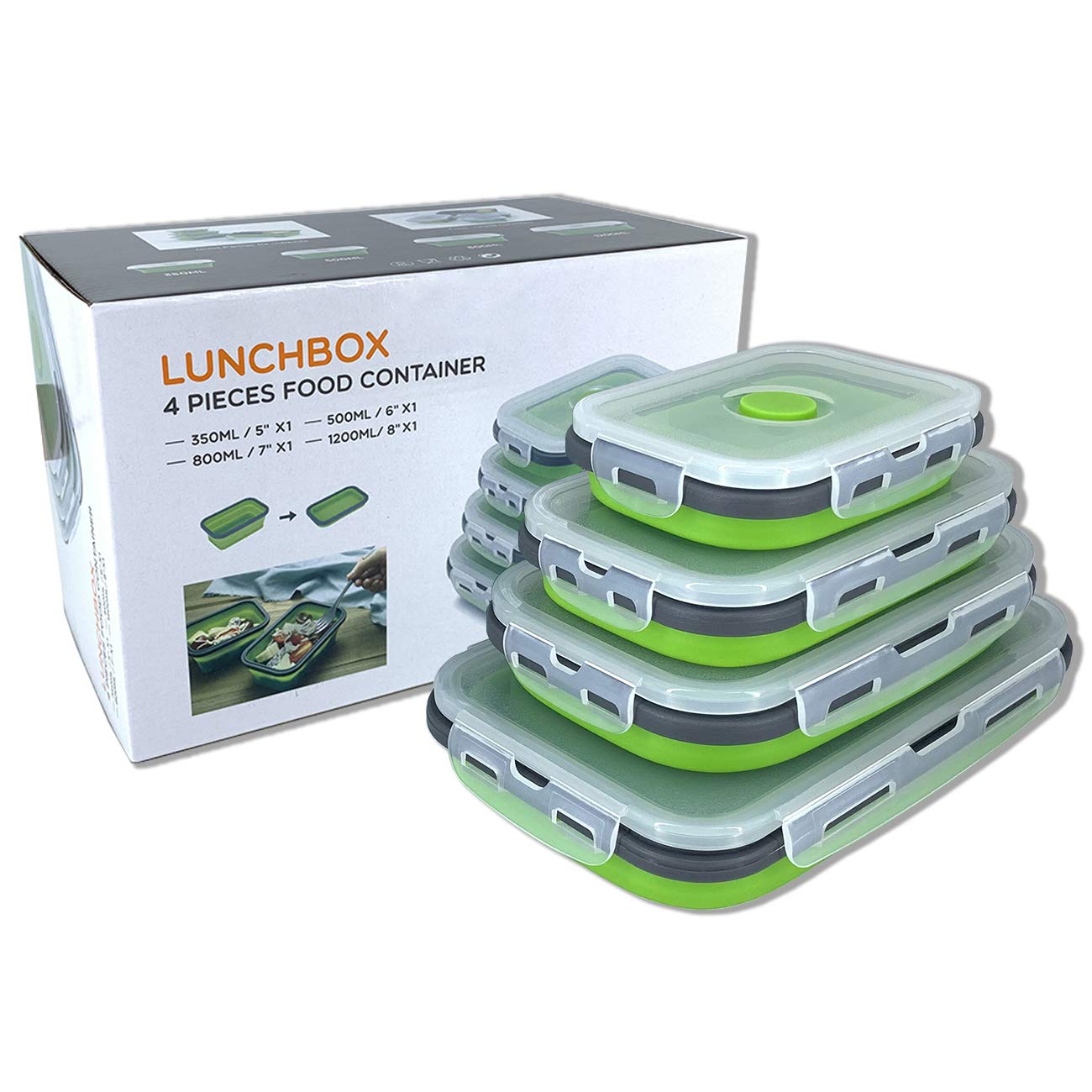 Beeptrum Collapsible Silicone Food Storage Container with Lid, Portable Lunch Bento Box Outdoor Picnic Box Space Saving, Microwave, Dishwasher and Freezer Safe, Set of 4(Green)