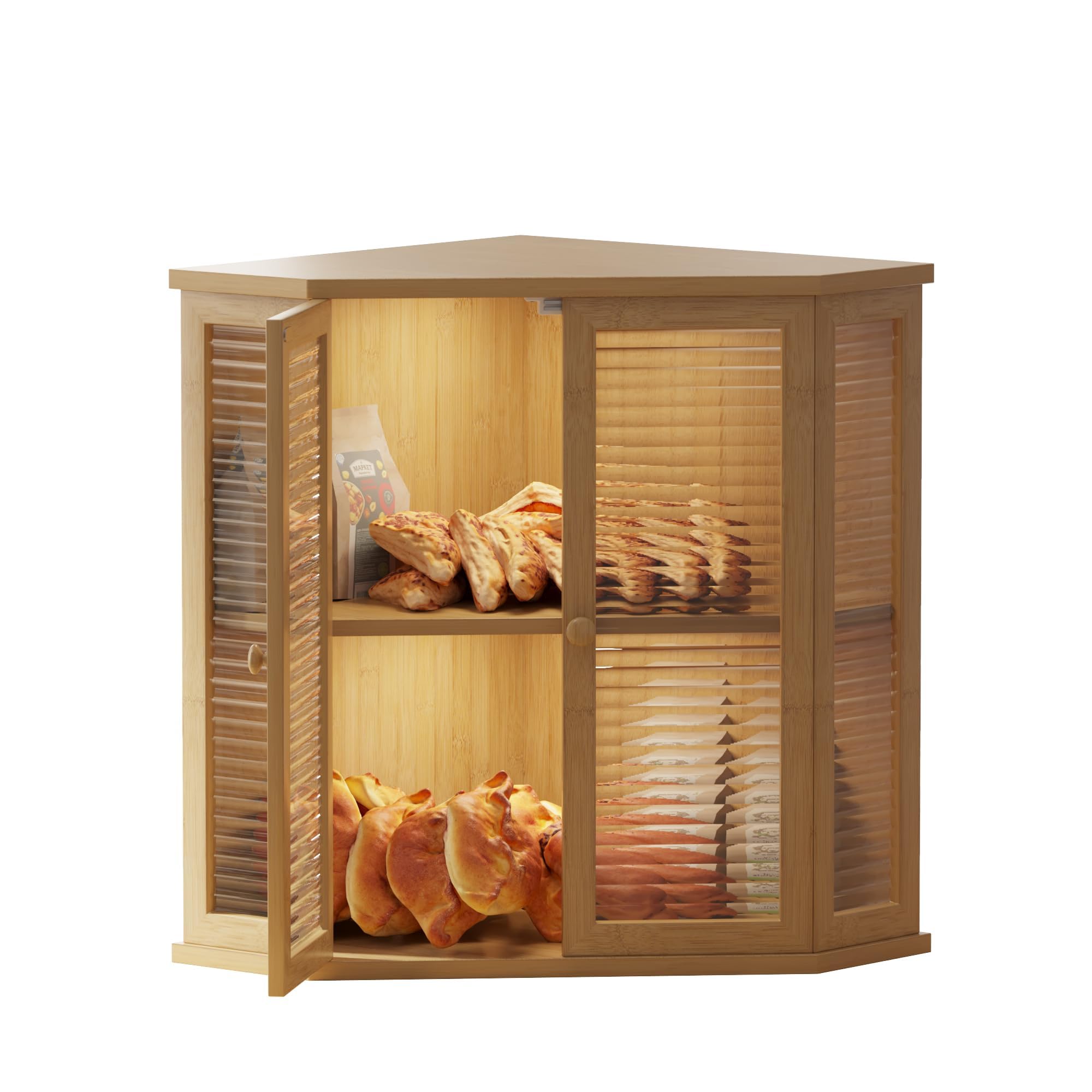 Photo 1 of Aycarzcy Bamboo Corner Bread Box for Kitchen Countertop -16.5" H Natural Wood Bread Storage with Glass Door, Perfect for Homemade Bread & Pastries(Natural)