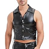 YOOBNG Men's Faux Leather Vest Tank Top Shirt Sleeveless Shirt Wet Look Undershirt Round Neck Shirt Nightwear