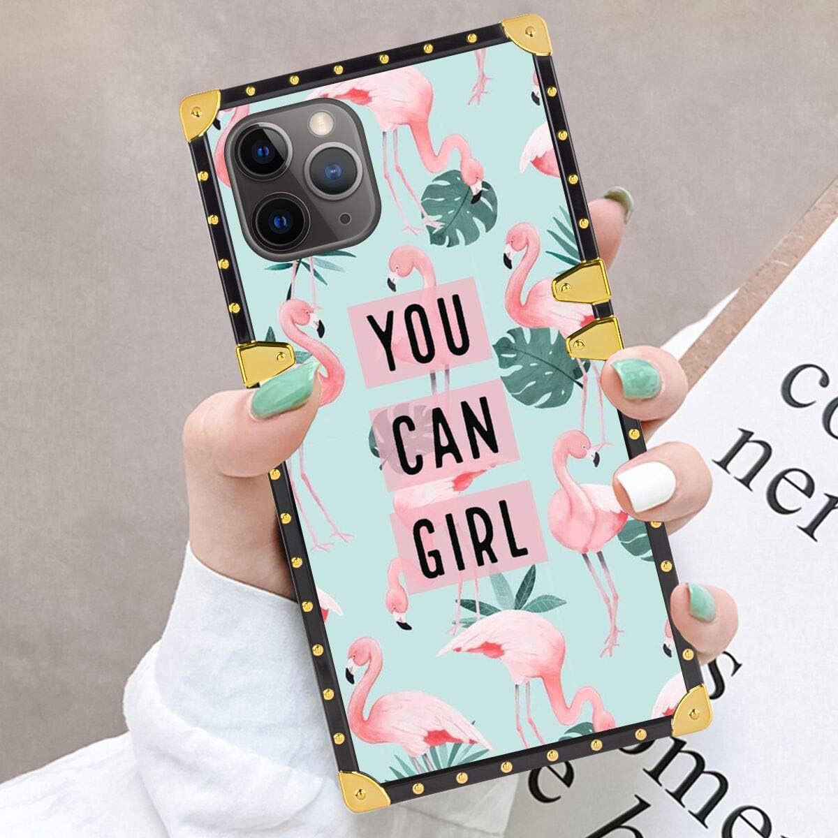 hfijgsj Square Case for iPhone 11 Pro Max 6.5 Inch 2019, Flamingos Quotes Fashion Slim Soft Shockproof Design Metal Decorative Full Protective Phone Case