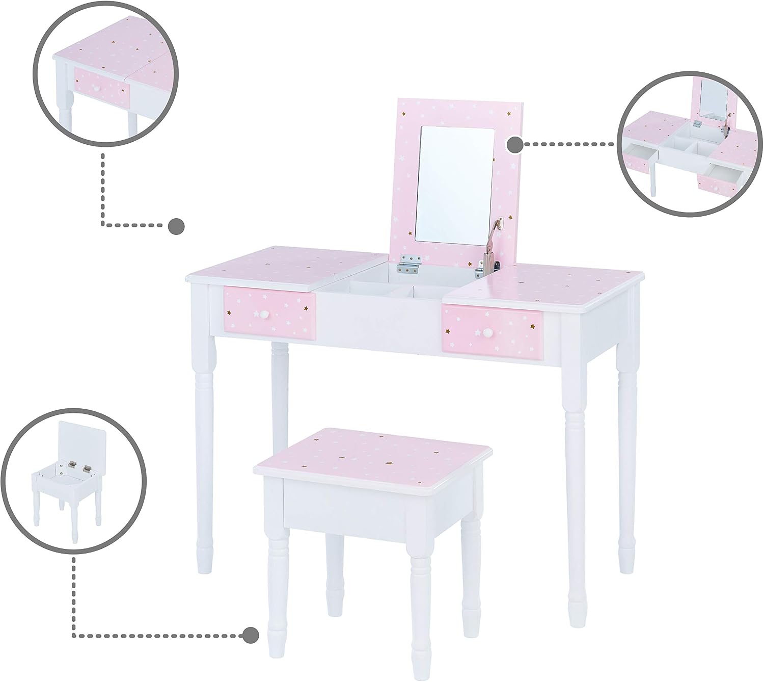 Fantasy Fields By Teamson Kids 'Kate' Play Dressing Table/Vanity with Storage Pink/White TD-13295A - Image 3