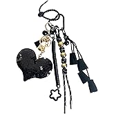 YUNCN Black Tassel Sequins Heart Keychain for Women, Beaded Braided Rope Purse Charms for Handbag, Accessory Bag Charms for Tote Bag