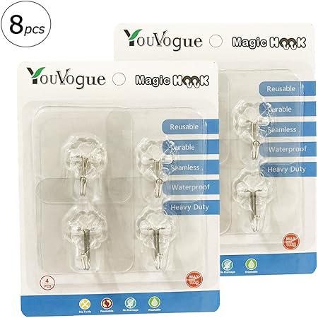 Amazon Youvogue 壁掛けフック 超強力粘着 壁傷つけない 透明フック 静電防水防油 ステンレスフック 繰り返し使用可能 天井貼り付け可能 70mmx70mm 耐荷重10 8枚入り フック オンライン通販
